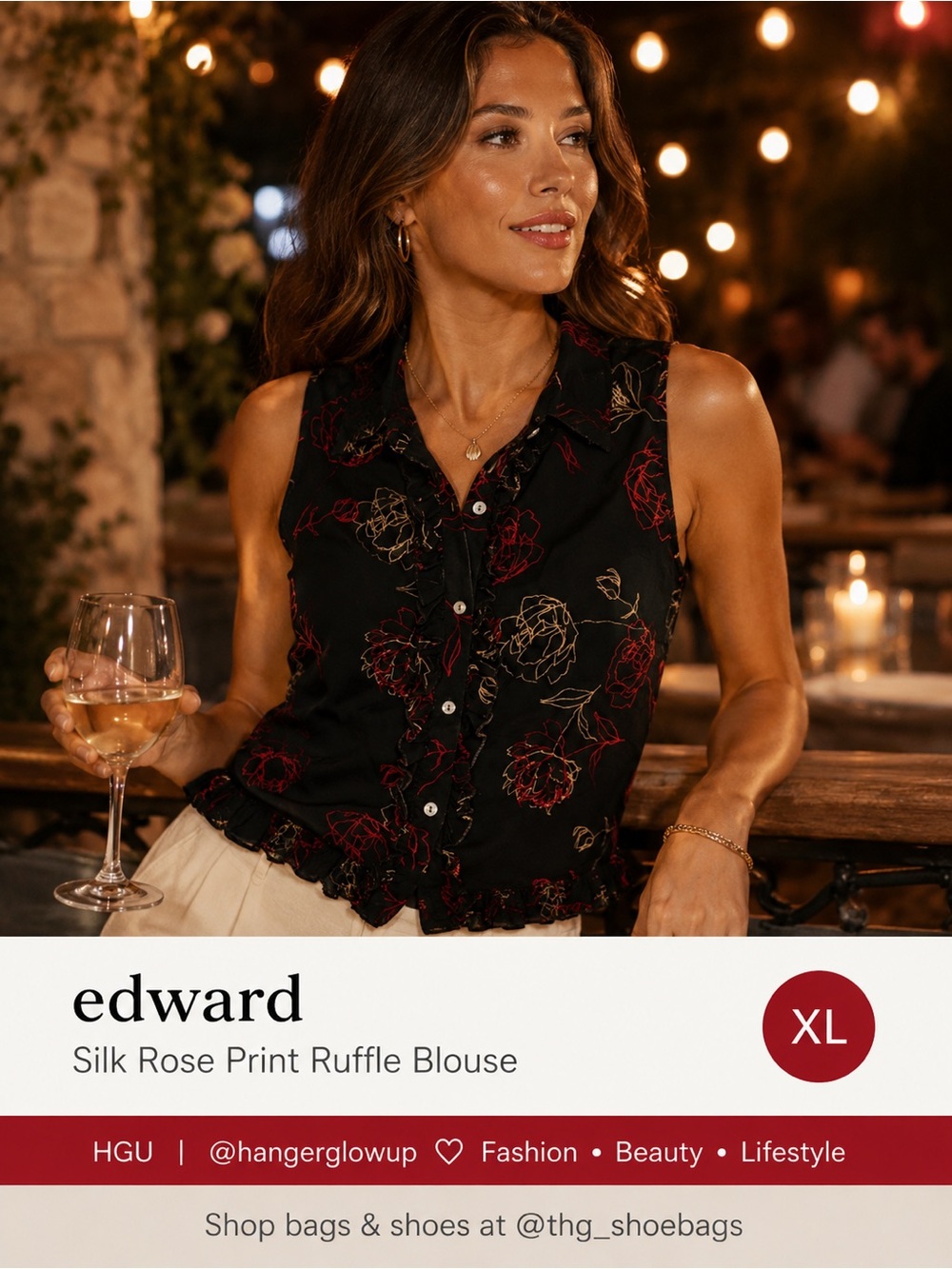 Edward 100% Silk Floral Ruffle Sleeveless Blouse Black Red Tan XL